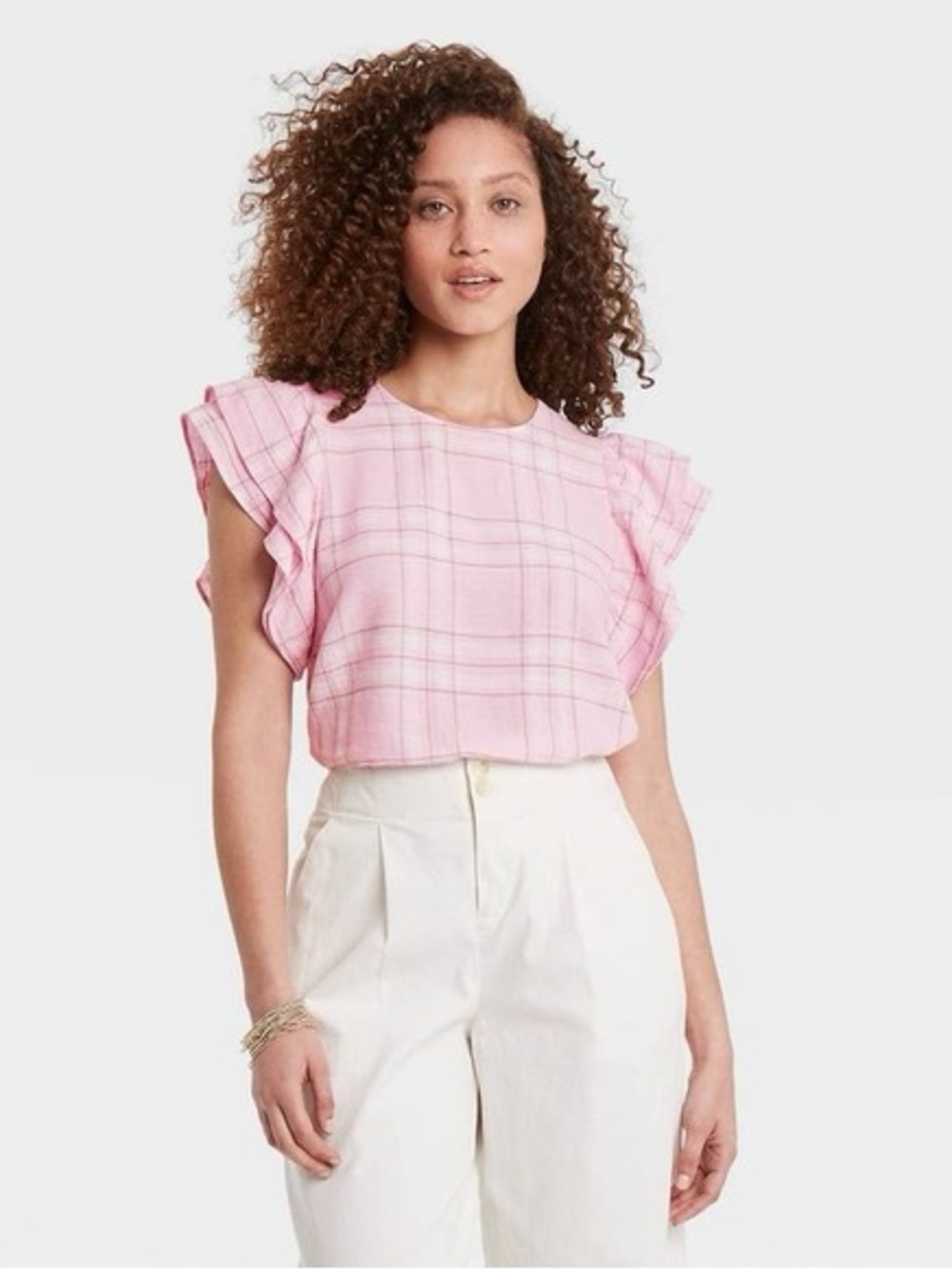 A new day Pink Ruffle Sleeve Plaid Top